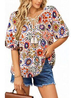Women Short Sleeve V Neck Boho Casual Blouse